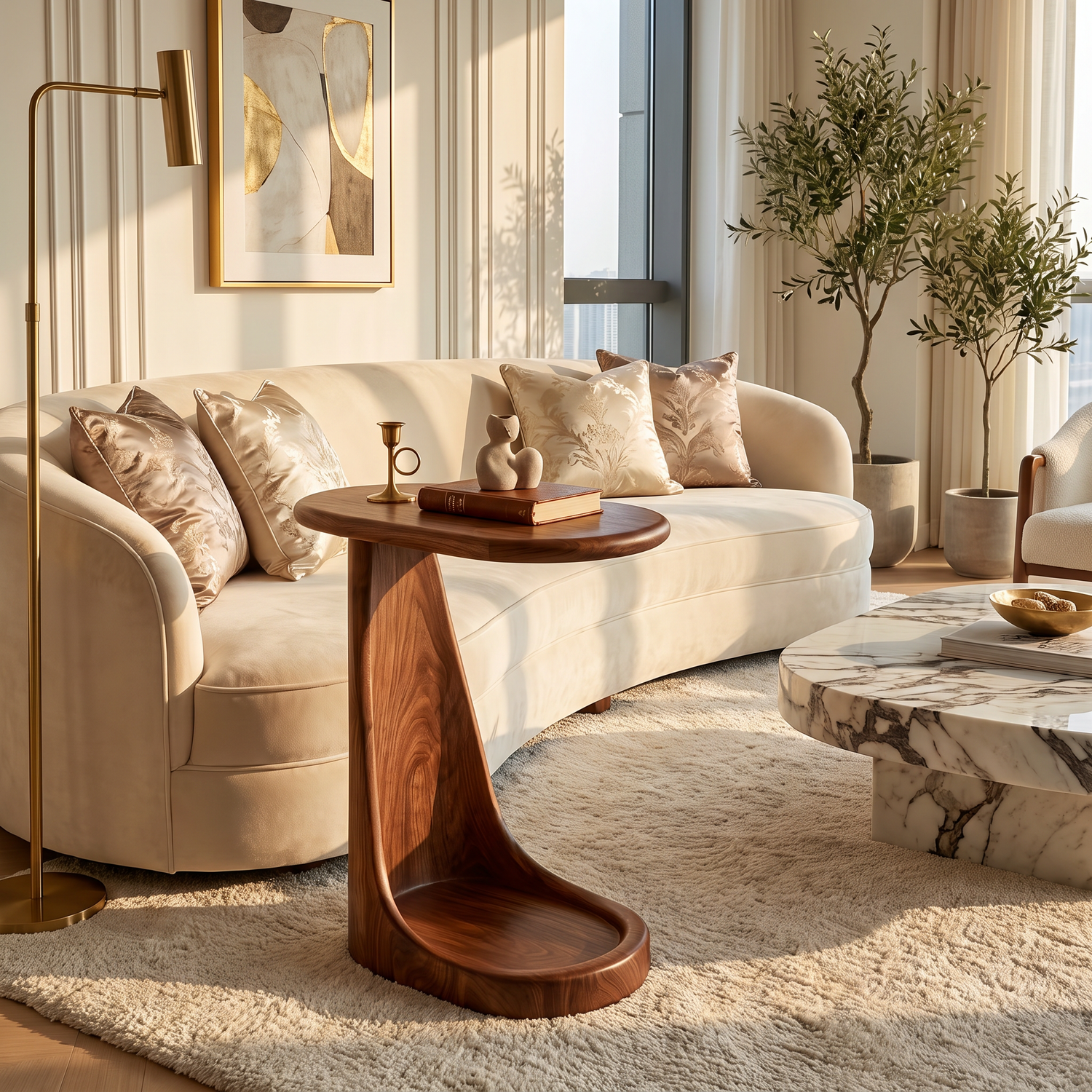 Waterfall Solid Wood Side Table with Tray Top for Living Room Decor