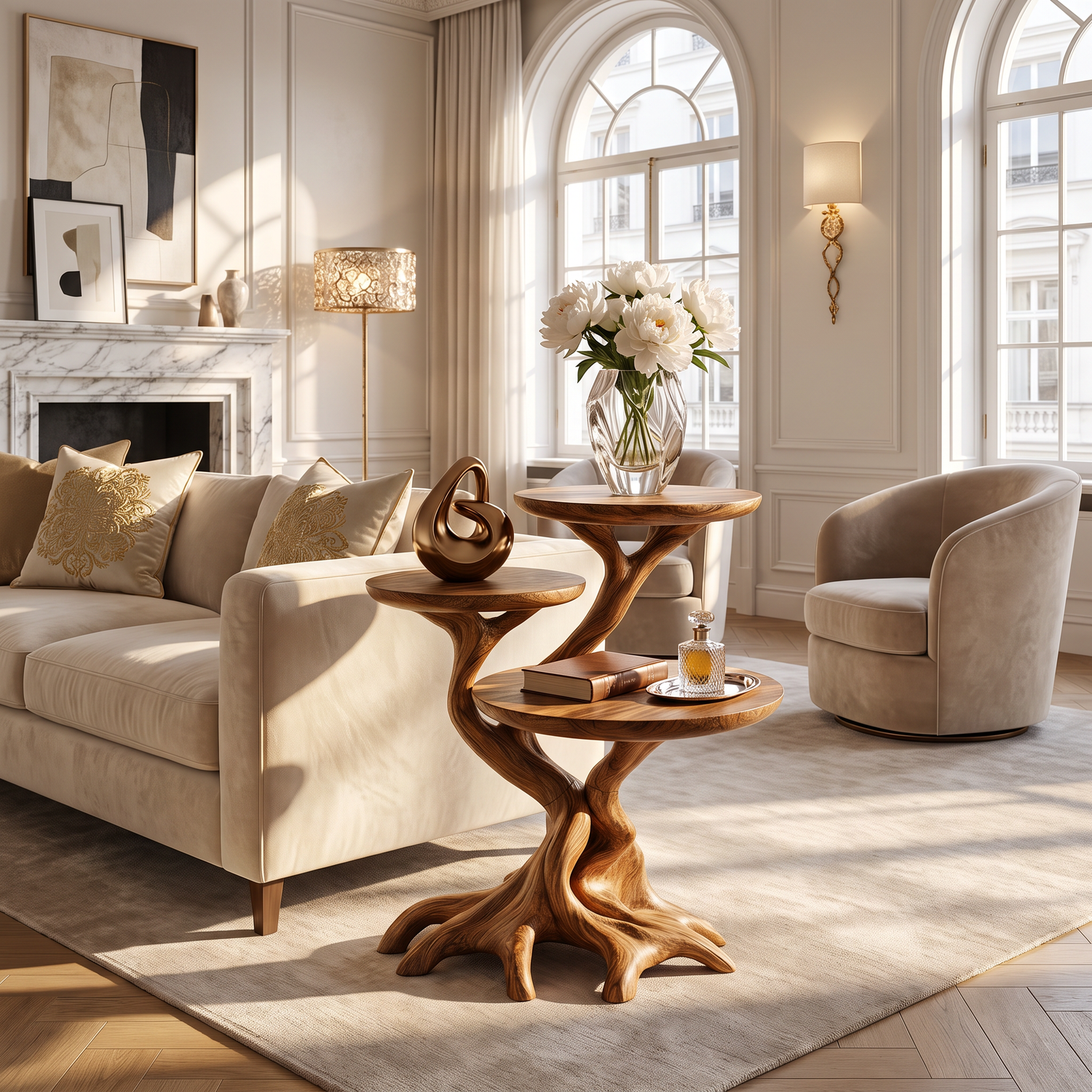 Root Form Three Level Wood Accent Table with Sculptural Branch Base