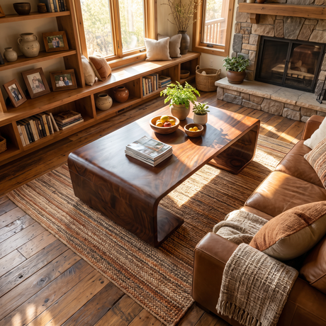 Solid Wood Coffee Table with Waterfall Form and Open Shelf