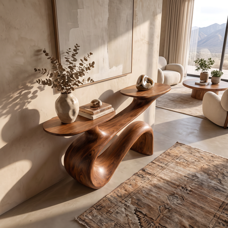 Console Table Solid Wood with Flowing Curved Base for Entryway Decor