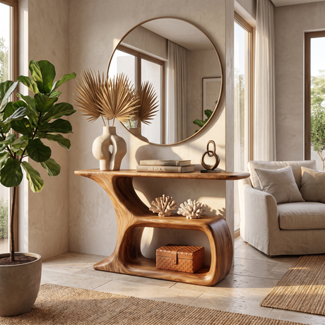 Solid Wood Console Table with Sculptural Open Shelf Base