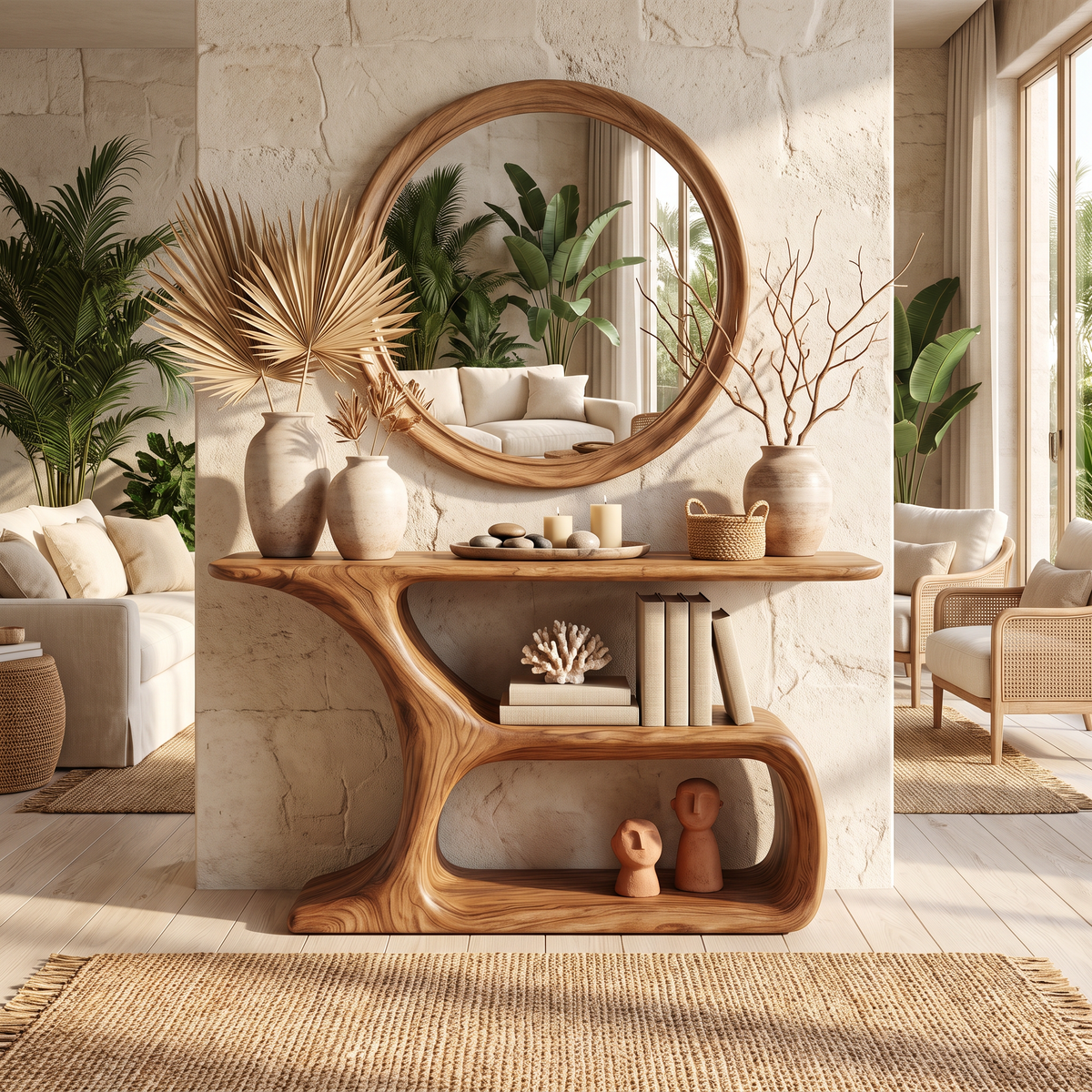 Solid Wood Console Table with Sculptural Open Shelf Base