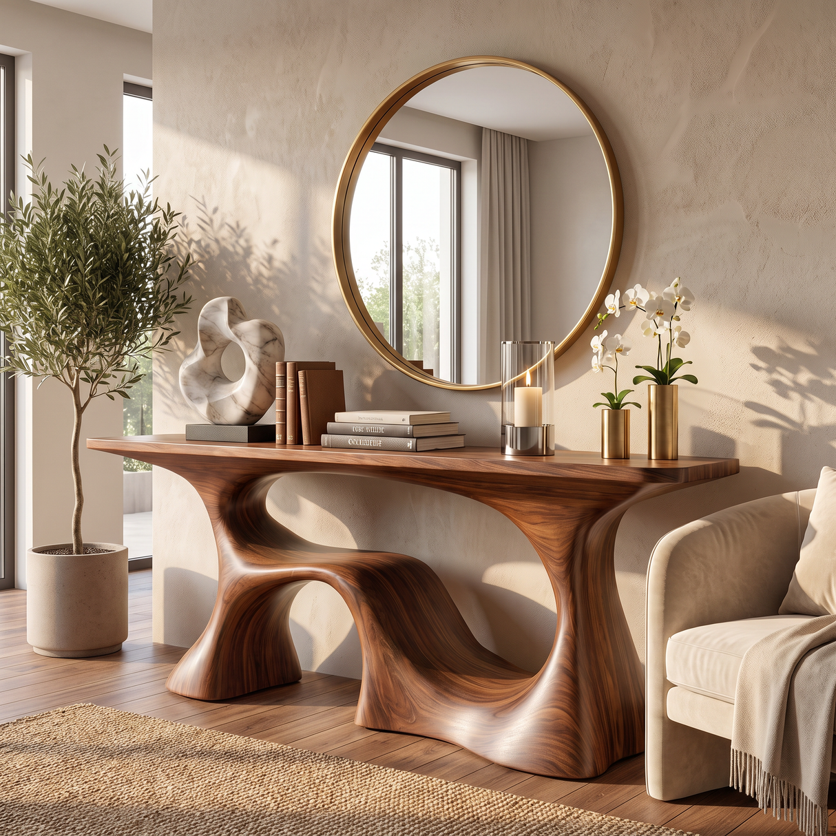 Organic Solid Wood Console Table with Sculptural Open Base