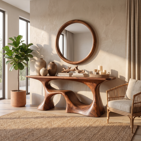 Organic Solid Wood Console Table with Sculptural Open Base