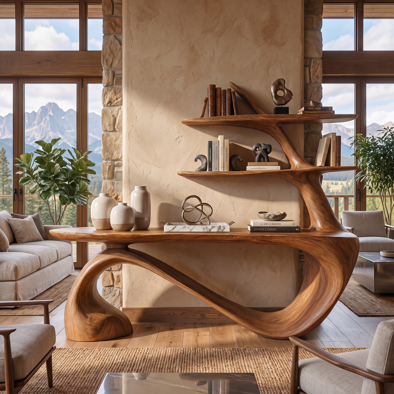 Console Table Solid Wood with Integrated Sculptural Shelves for Entryway