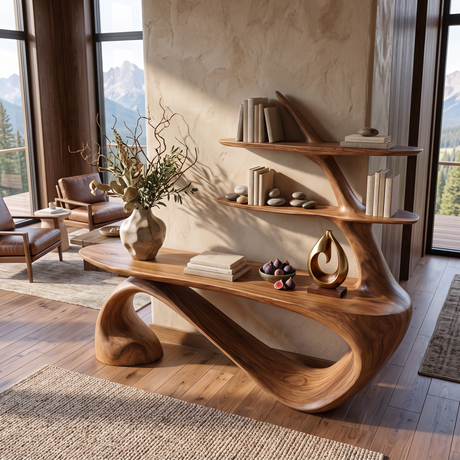 Console Table Solid Wood with Integrated Sculptural Shelves for Entryway
