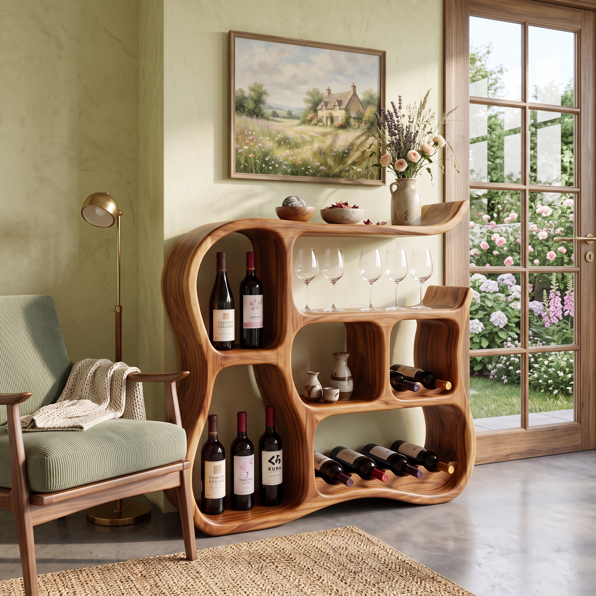 Wine Cabinet Solid Wood with Organic Curved Compartments for Home Bar Storage