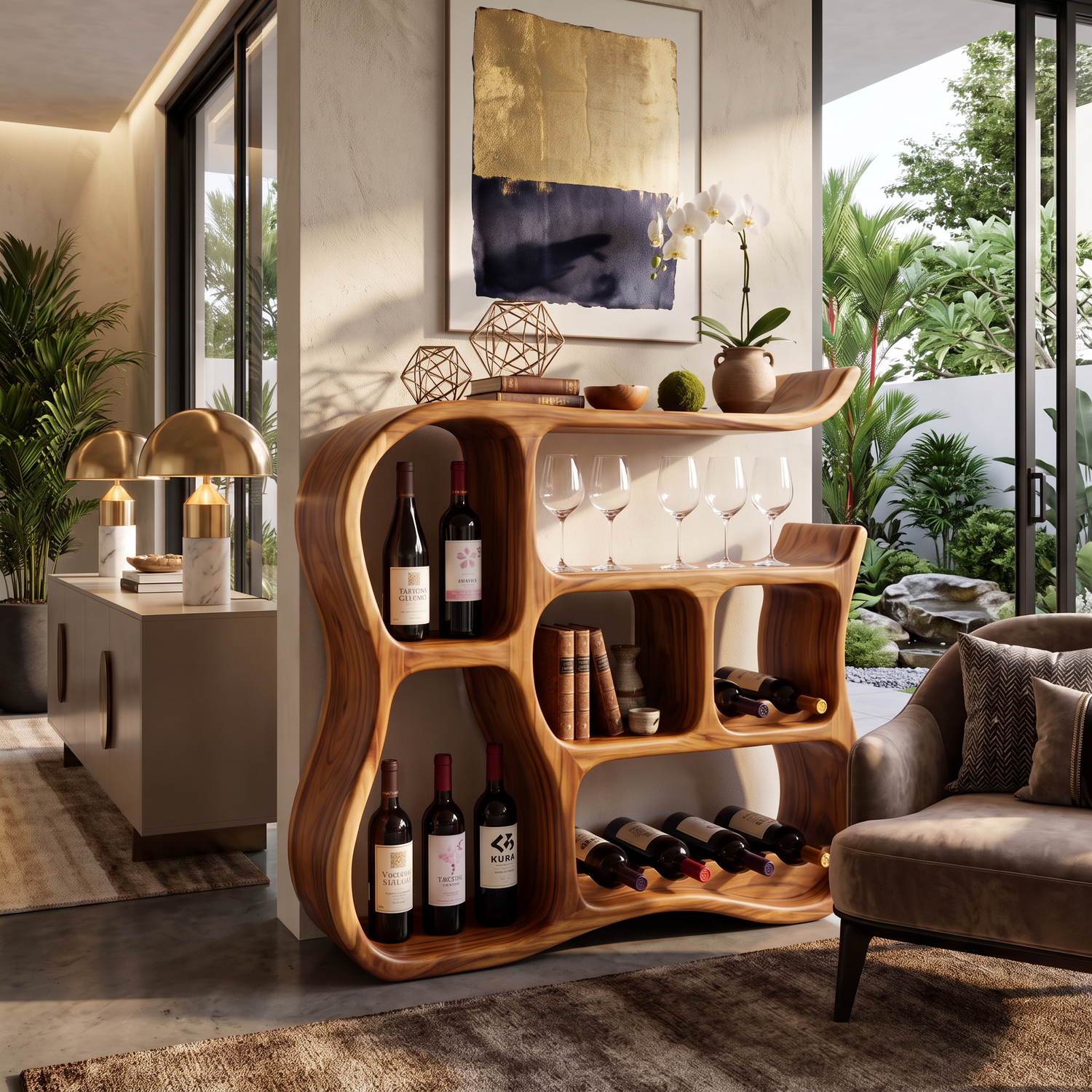 Wine Cabinet Solid Wood with Organic Curved Compartments for Home Bar Storage