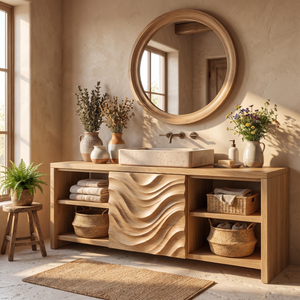 Bathroom Vanity Solid Wood with Wave Carved Panel and Open Shelf
