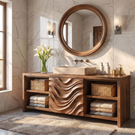 Bathroom Vanity Solid Wood with Wave Carved Panel and Open Shelf