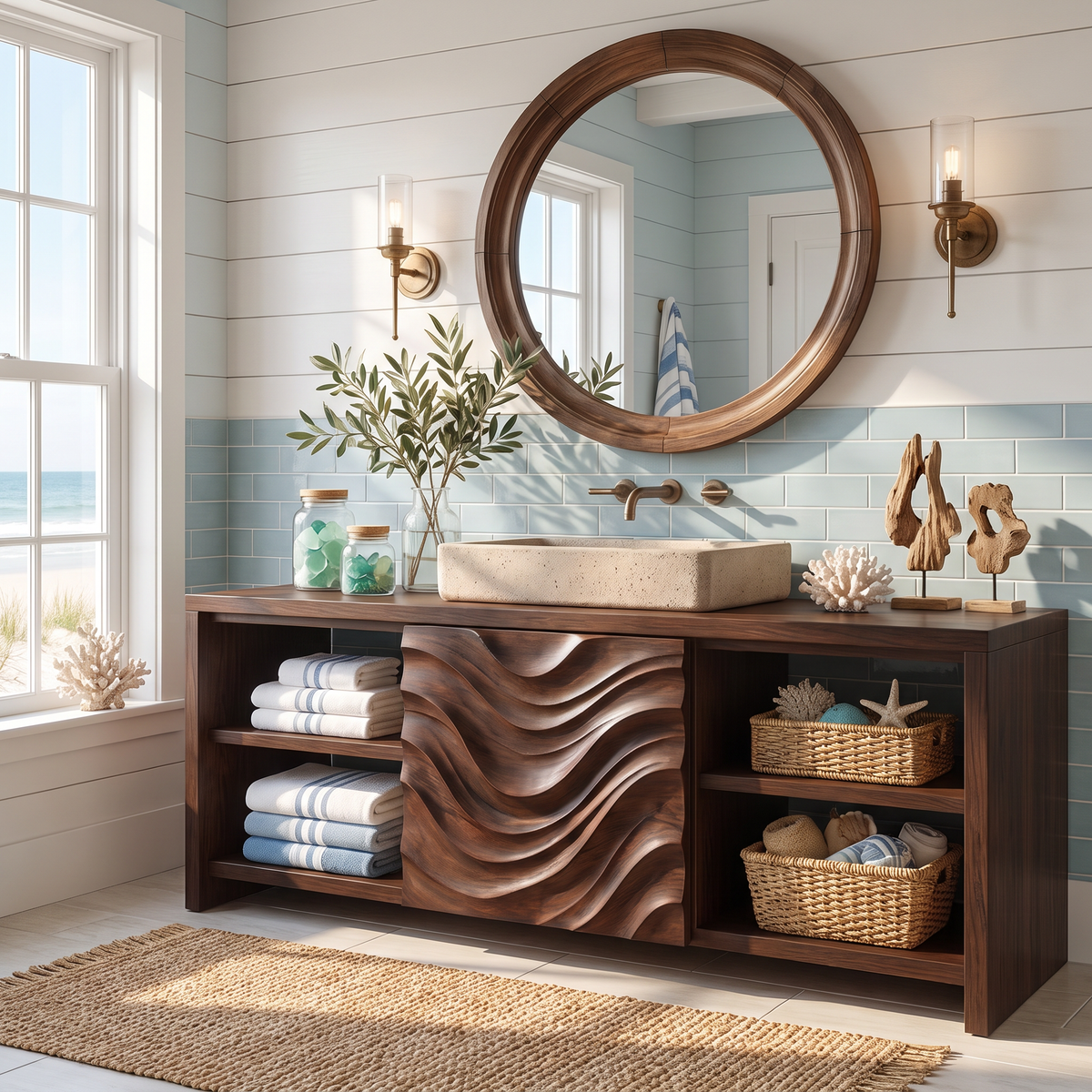 Bathroom Vanity Solid Wood with Wave Carved Panel and Open Shelf