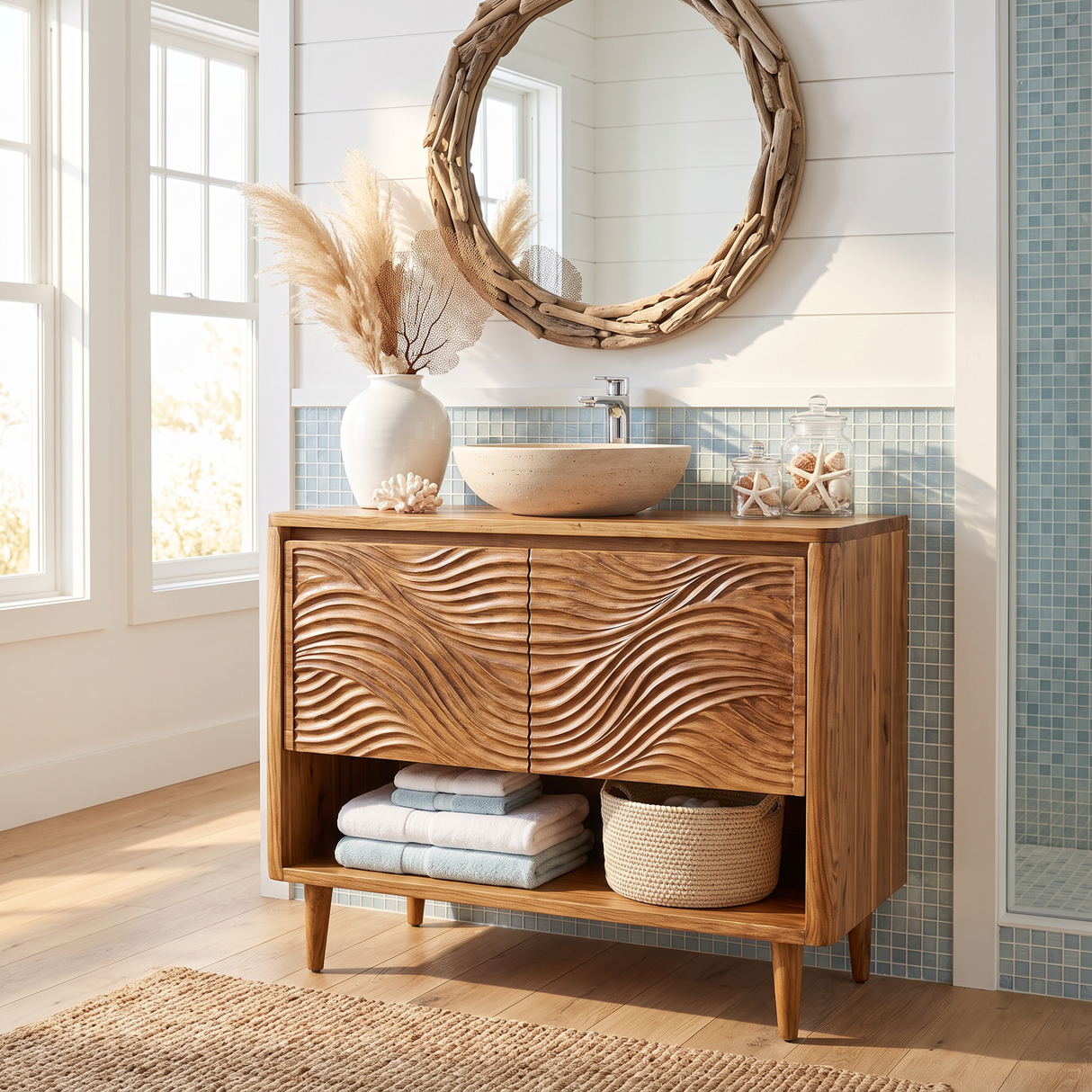 Bathroom Vanity Solid Wood with Carved Ripple Cabinet and Open Shelf for Powder Room
