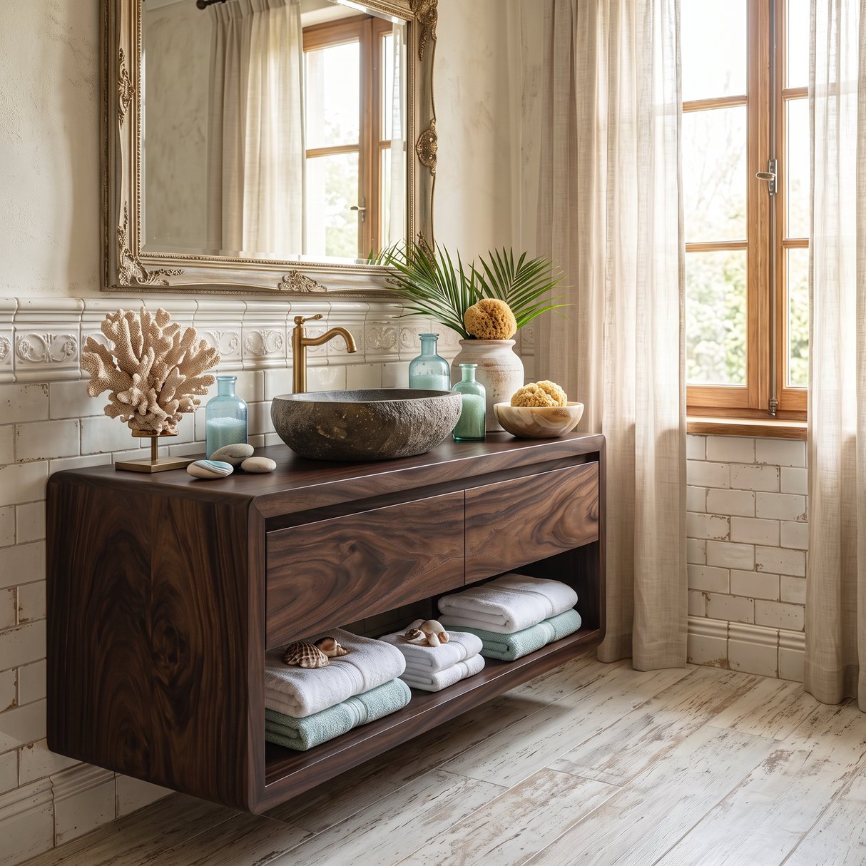 Floating Bathroom Vanity Solid Wood with Seamless Organic Frame