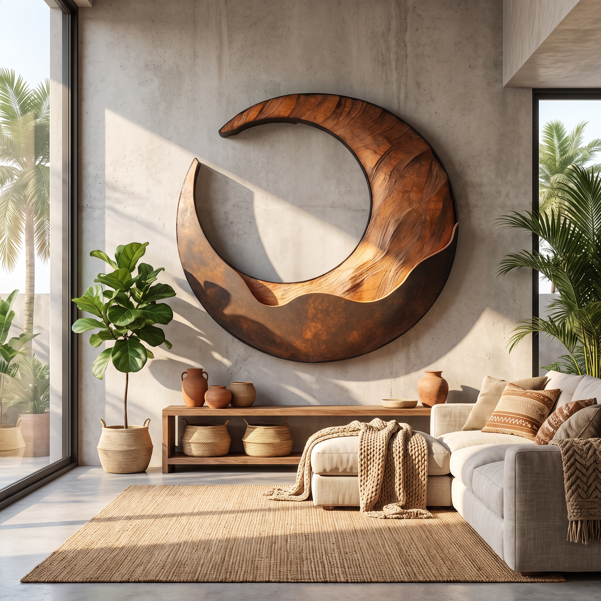 Large Solid Wood Crescent Wall Sculpture for Modern Living Rooms