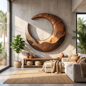 Large Solid Wood Crescent Wall Sculpture for Modern Living Rooms