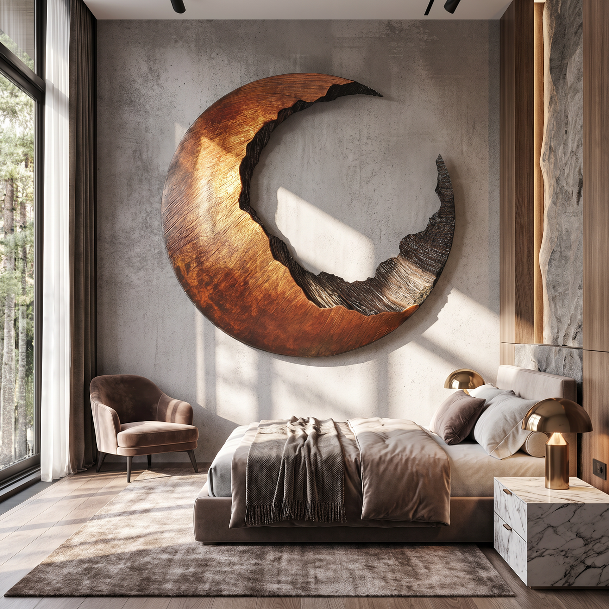 Abstract Crescent Solid Wood Wall Sculpture for Living Room