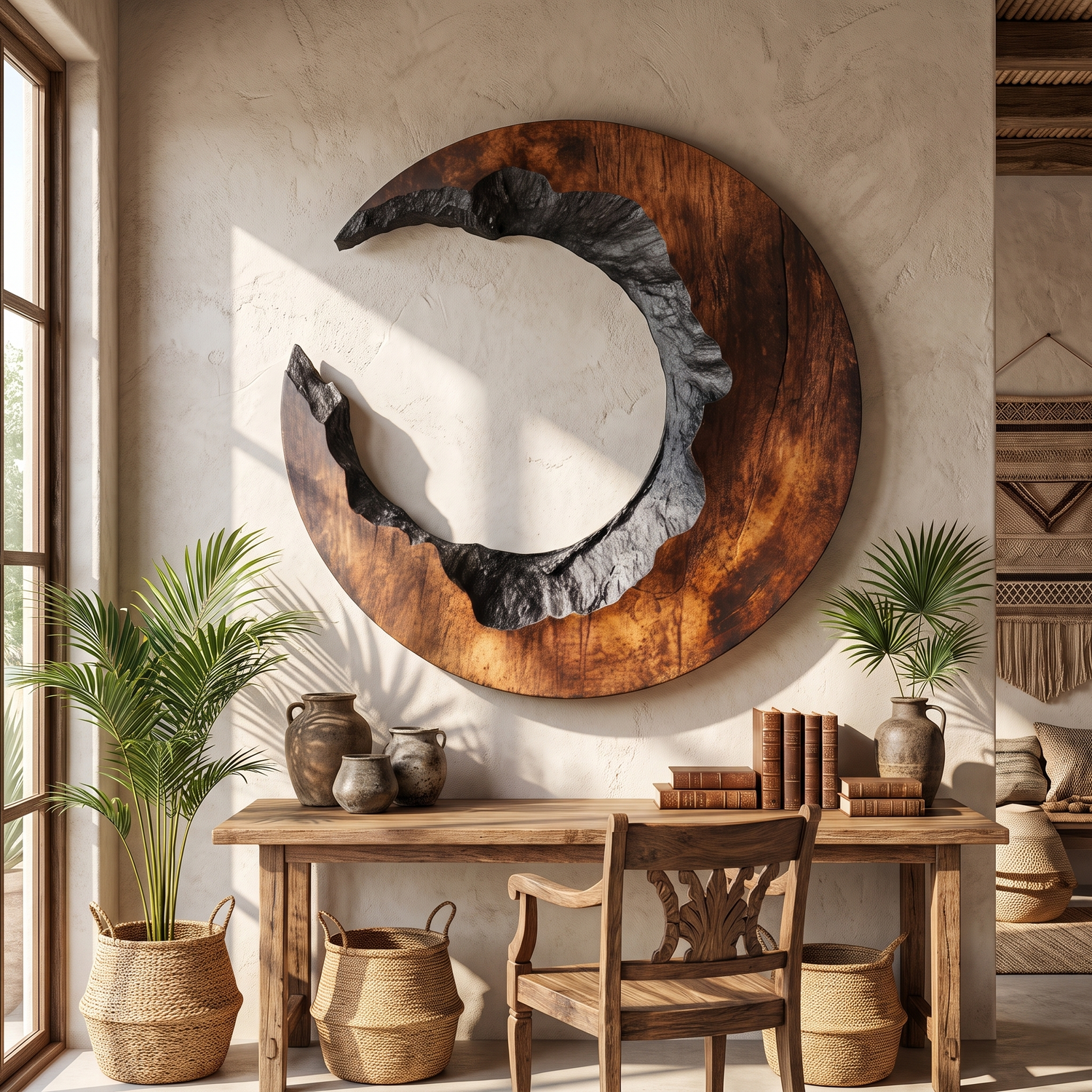 Round Wood Wall Sculpture with Open Center and Raw Carved Edge