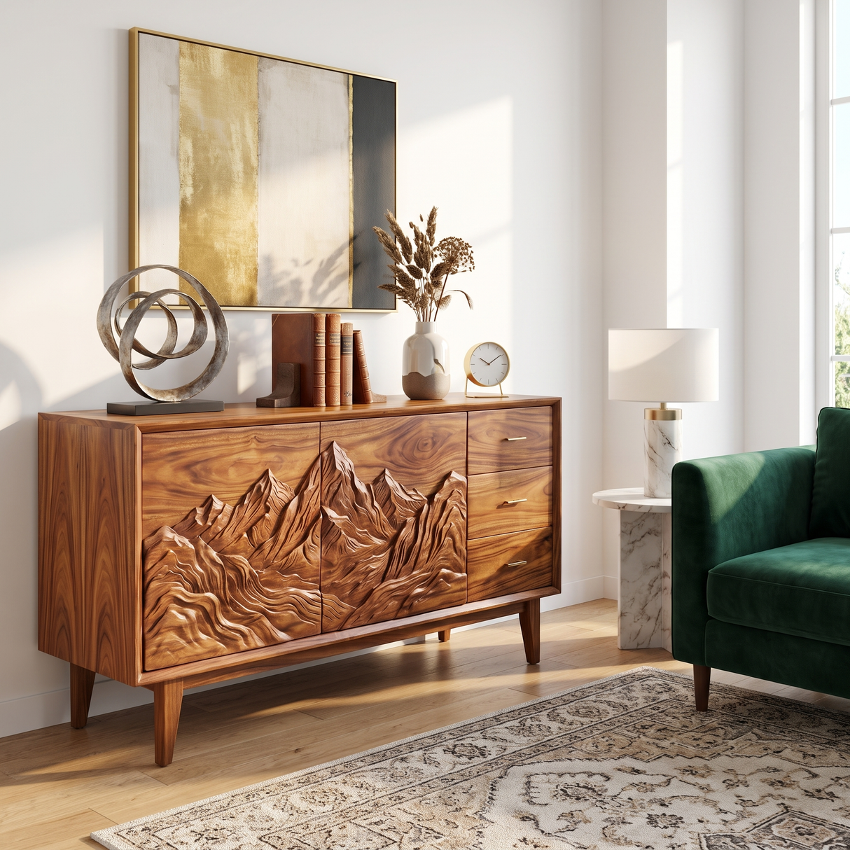 Handcrafted Solid Wood Mountain Carved Sideboard with Drawers and Cabinet Storage