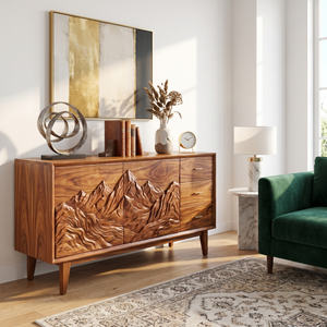 Handcrafted Solid Wood Mountain Carved Sideboard with Drawers and Cabinet Storage
