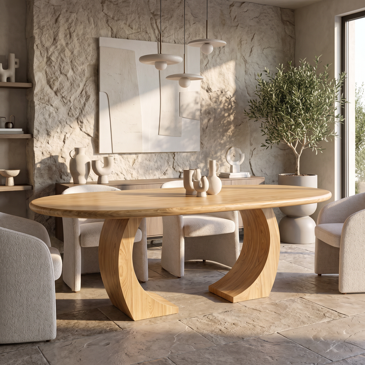 Oval Solid Wood Dining Table with Curved Sculptural Legs for Dining Room