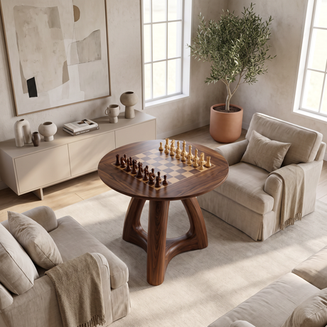 Artisan Solid Wood Round Chess Table with Sculptural Open Pedestal Base