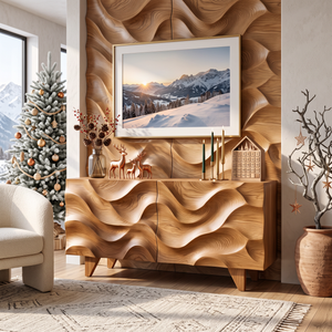 Sideboard Solid Wood with Sculptural Wave Carved Doors for Living Room Decor