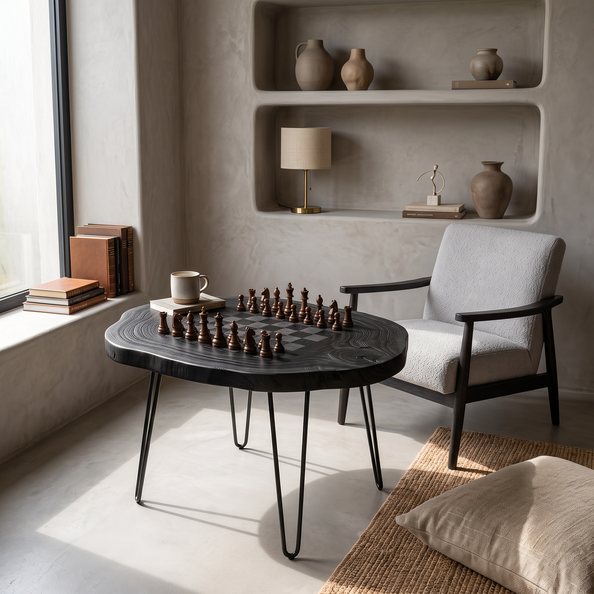 Live Edge Solid Wood Chess Coffee Table with Organic Slab Top and Hairpin Legs